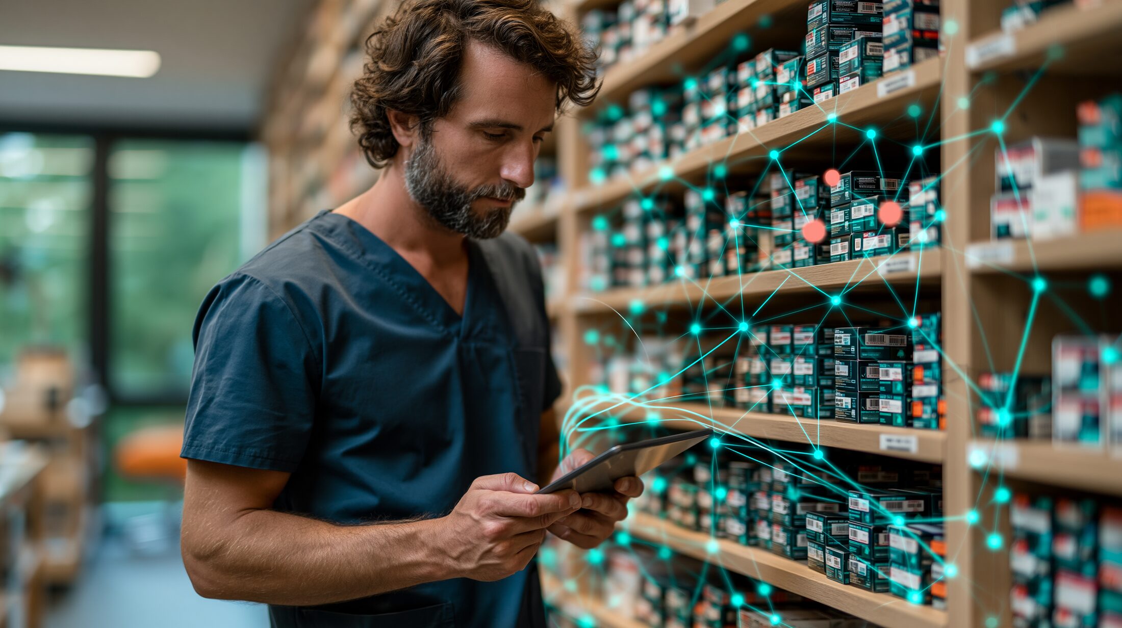 Clinician reviewing the live supply network on a tablet