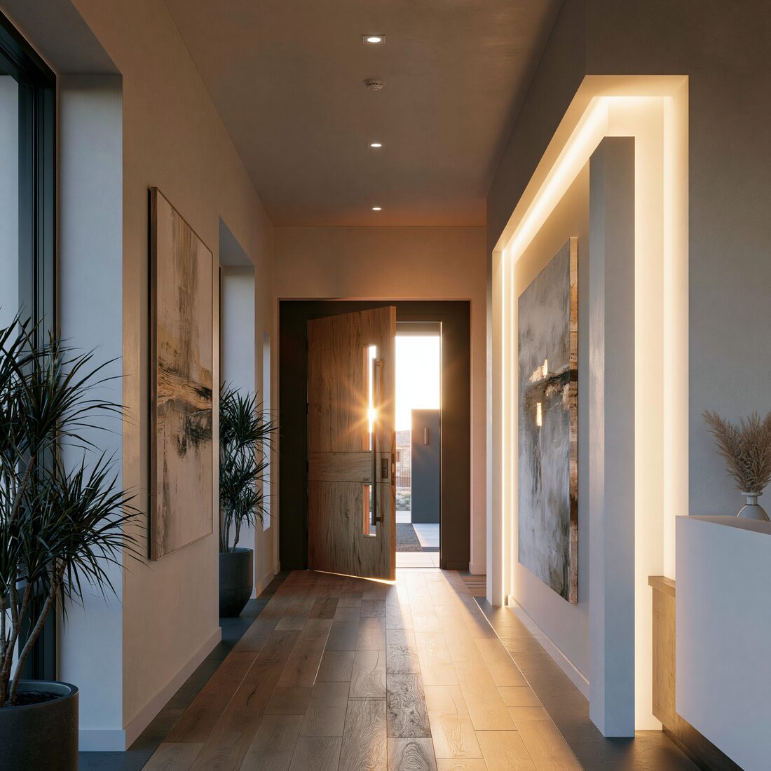 Sunlit clinic entrance with the front door open