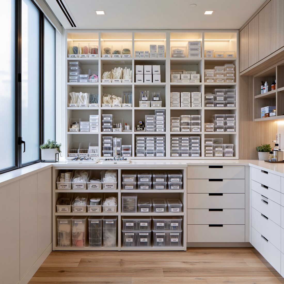 An organized, labeled clinic supply room