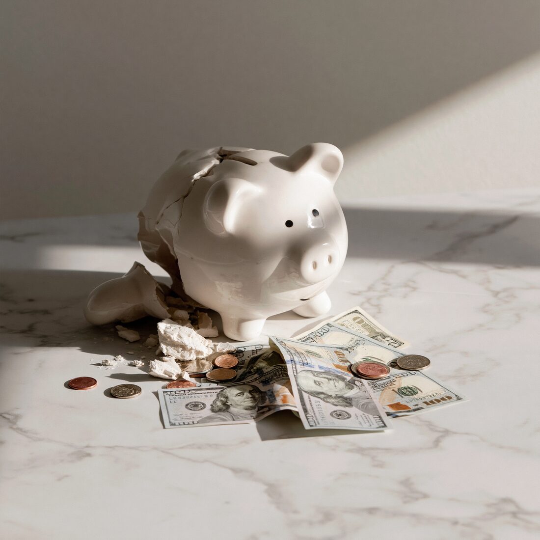 A cracked piggy bank spilling money in a clinic lobby