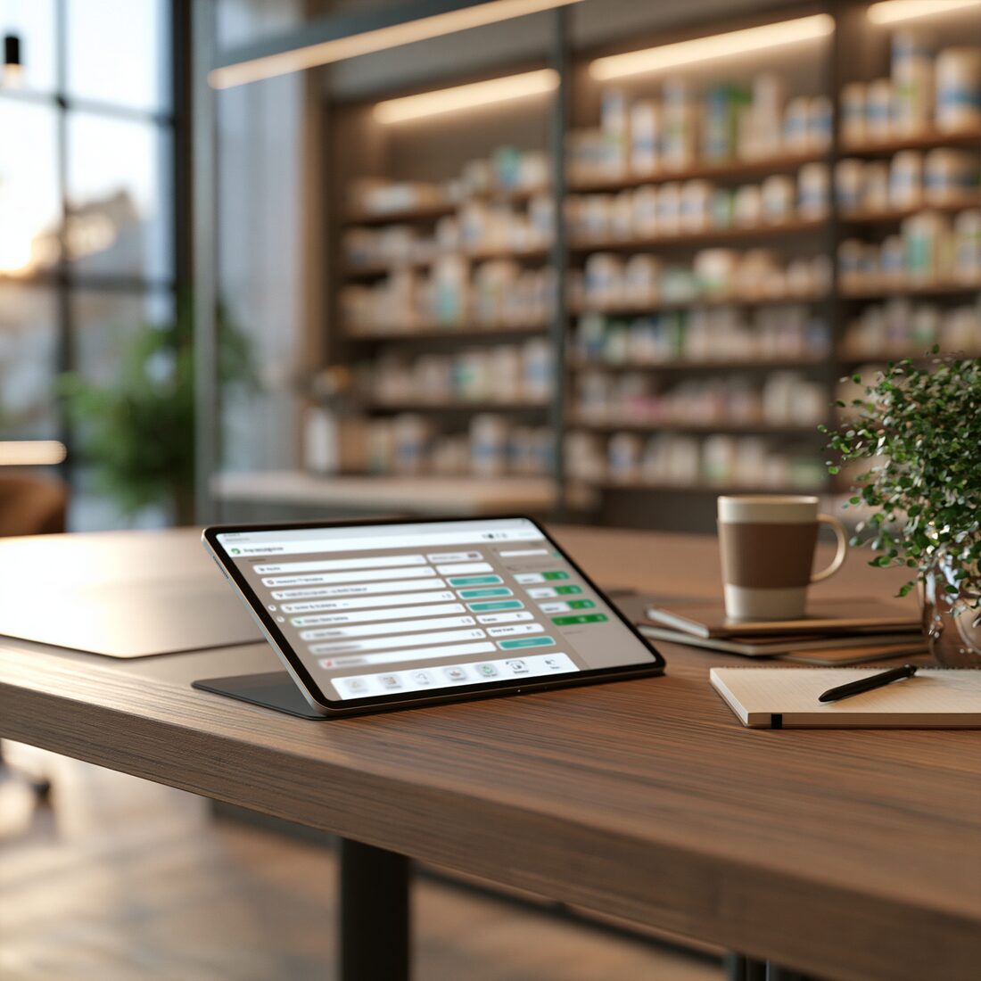 Stocora reorder app open on a tablet on a clinic desk